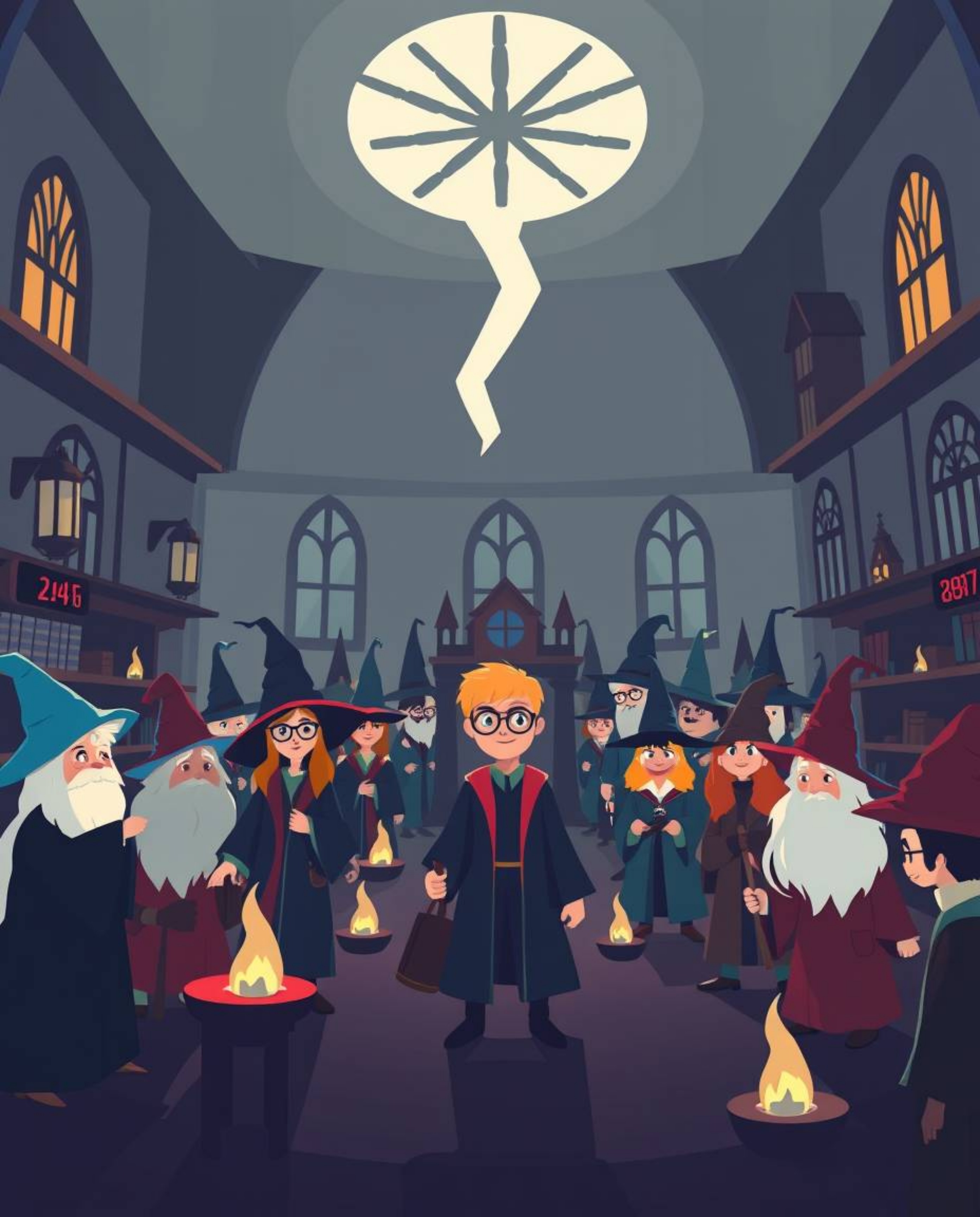 Explore a magical school teeming with young wizards, rendered in a dramatic cinematic style with a modern flat design.  The s