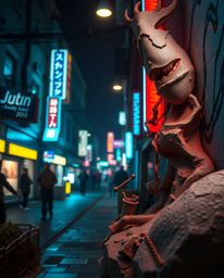Explore a captivating collection of sculptural clay art pieces featuring a vibrant cyberpunk street scene.  The art incorpora