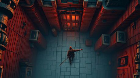 A captivating overhead bird's-eye view depicts a daring thief infiltrating a heavily guarded castle. The warm color palette o