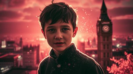 A surreal infrared image captures a young boy levitating with pixie dust above the iconic skyline of London. The image, bathe