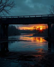 An extreme macro close-up captures the intricate details of an old wooden bridge over a river at sunset. The image is rendere