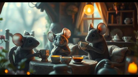 Experience a cinematic and enchanting scene featuring anthropomorphic mice enjoying tea within the comforting embrace of a co