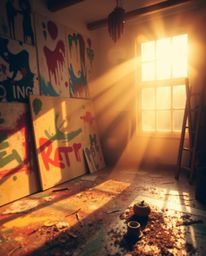 Imagine a room bursting with vibrant paint, drenched in the soft, warm glow of golden hour light, creating a dreamy and hazy 