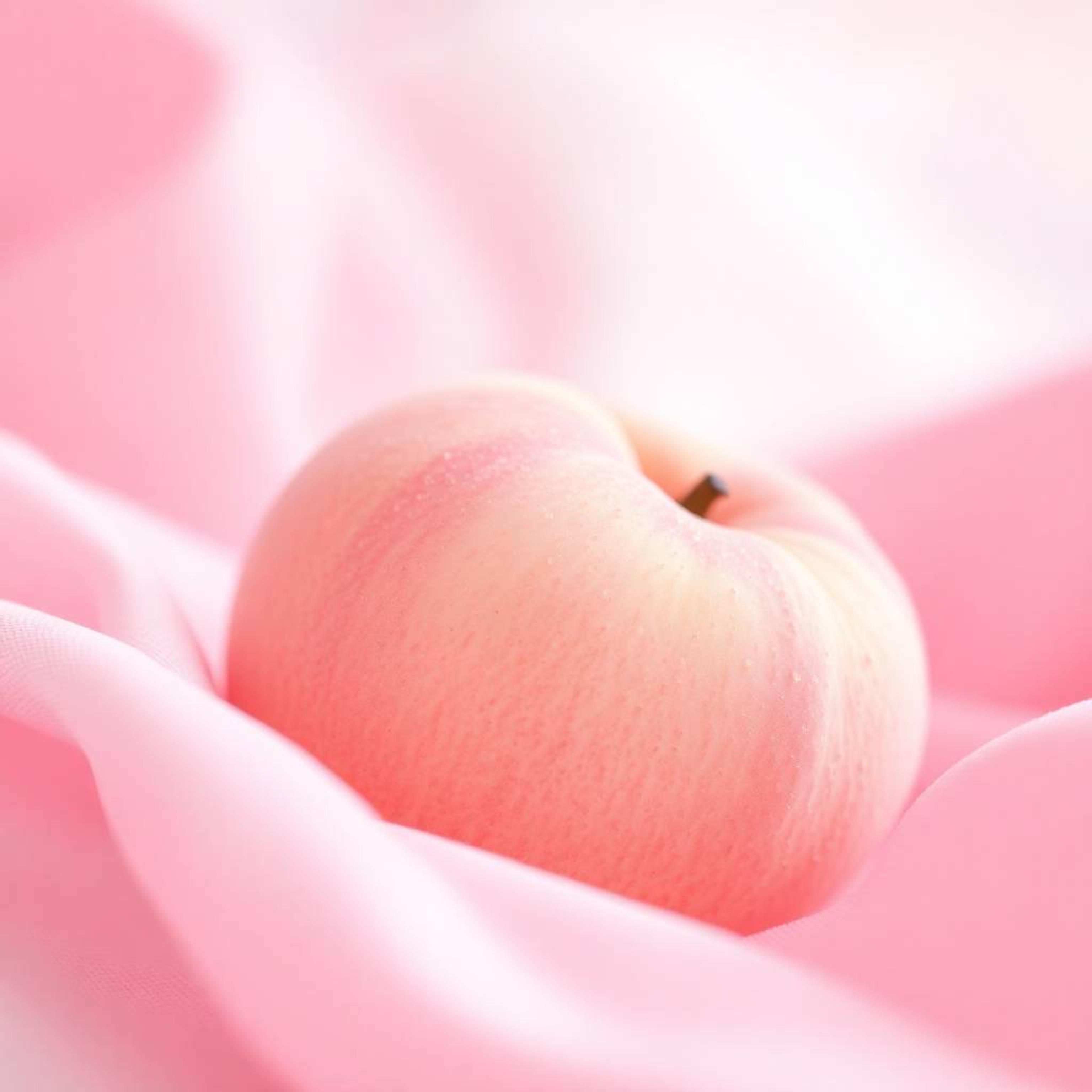 A captivating Isekai anime style close-up ASMR image featuring a soft, blushing pink peach delicately placed on silky pastel 