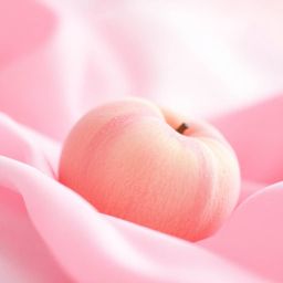A captivating Isekai anime style close-up ASMR image featuring a soft, blushing pink peach delicately placed on silky pastel 