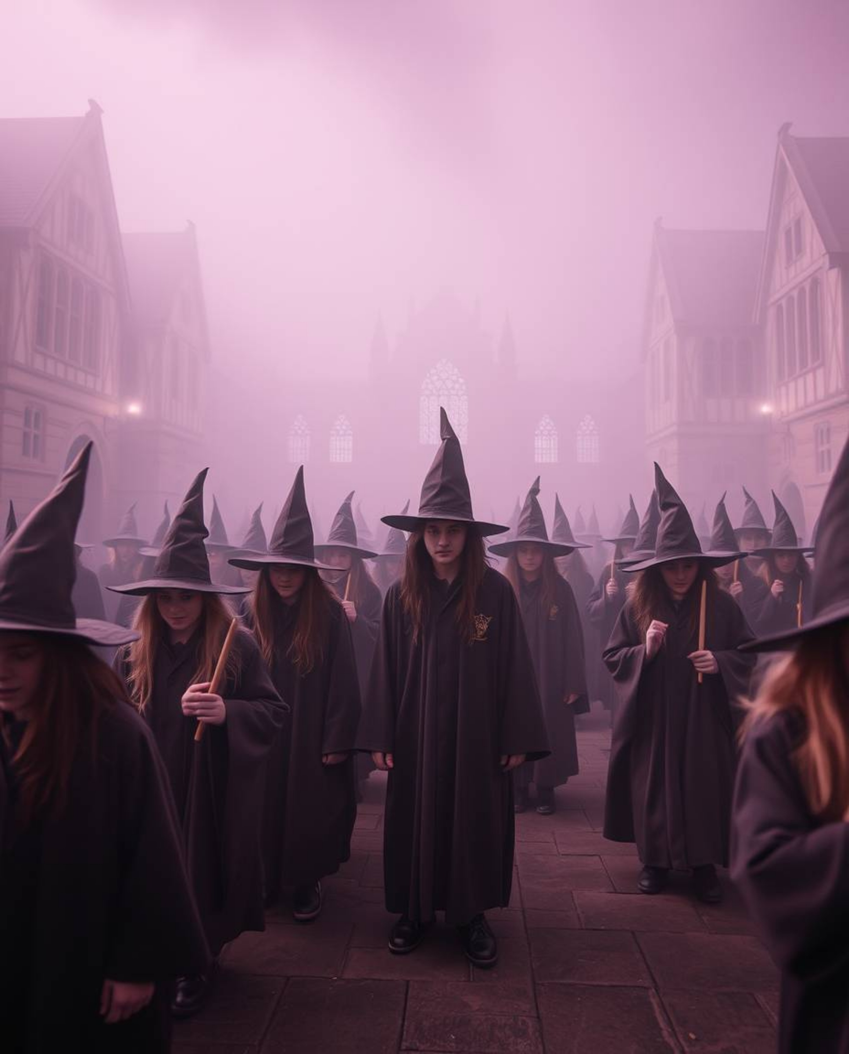 Discover a surreal and enchanting depiction of a magical school brimming with young wizards.  Rendered in soft, cinematic inf
