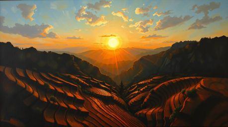 Experience the beauty of a sunset over mountainous rice terraces in this captivating oil painting.  The overhead bird's-eye v