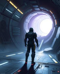 Immerse yourself in a futuristic sci-fi digital painting showcasing a figure clad in advanced tech armor poised at the tunnel