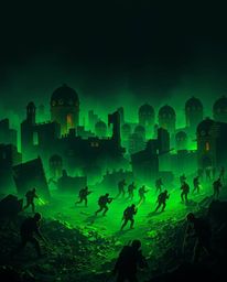 Immerse yourself in a surreal battlefield where glowing bioluminescent colors paint a landscape of time-warped soldiers amids