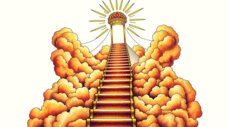 A vibrant, high-contrast tattoo art print depicts a golden staircase ascending through clouds towards a radiant heaven.  The 