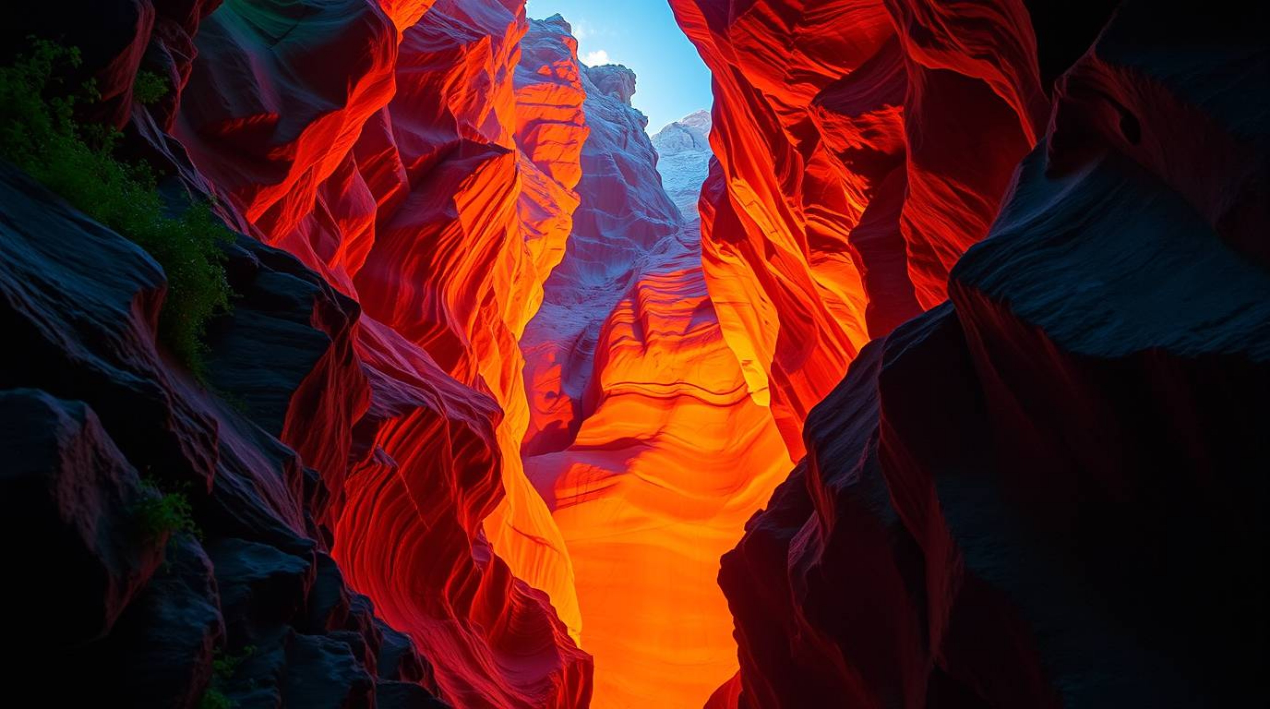 Experience the magic of a rocky canyon bathed in warm sunset hues, illuminated by vibrant bioluminescent colors. This etherea