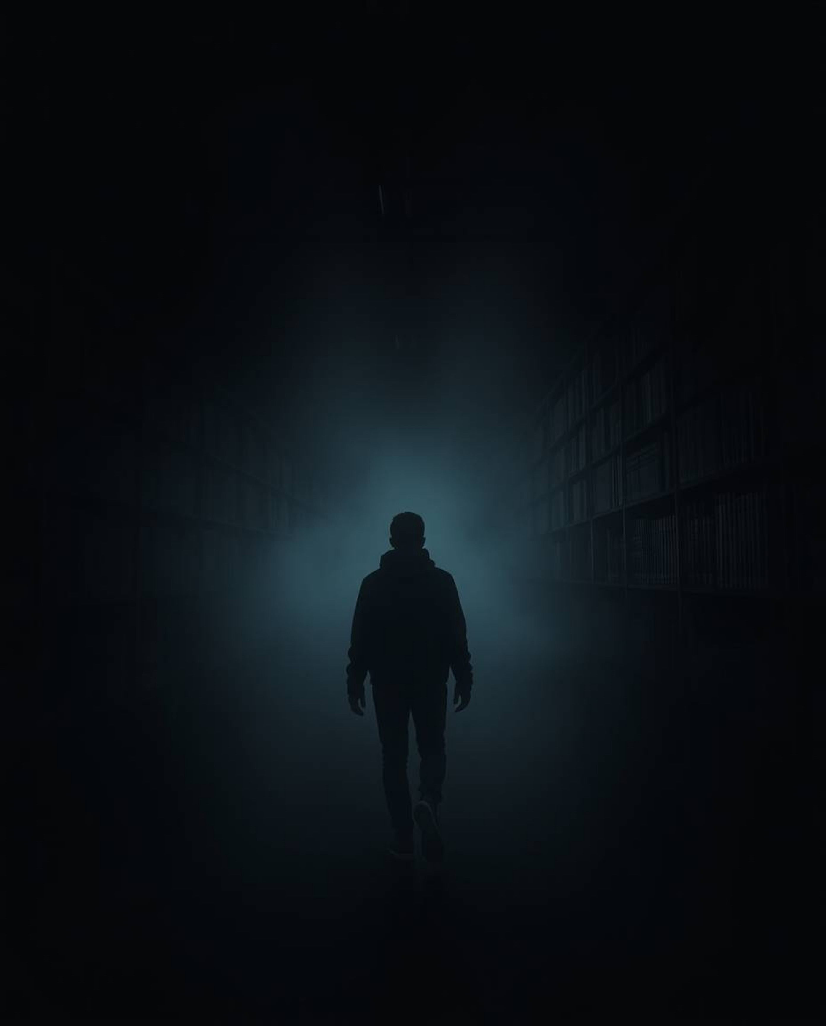 A person discovers a hidden underground library veiled in intense jet black fog, where low visibility and deep shadows create