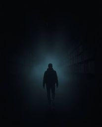 A person discovers a hidden underground library veiled in intense jet black fog, where low visibility and deep shadows create