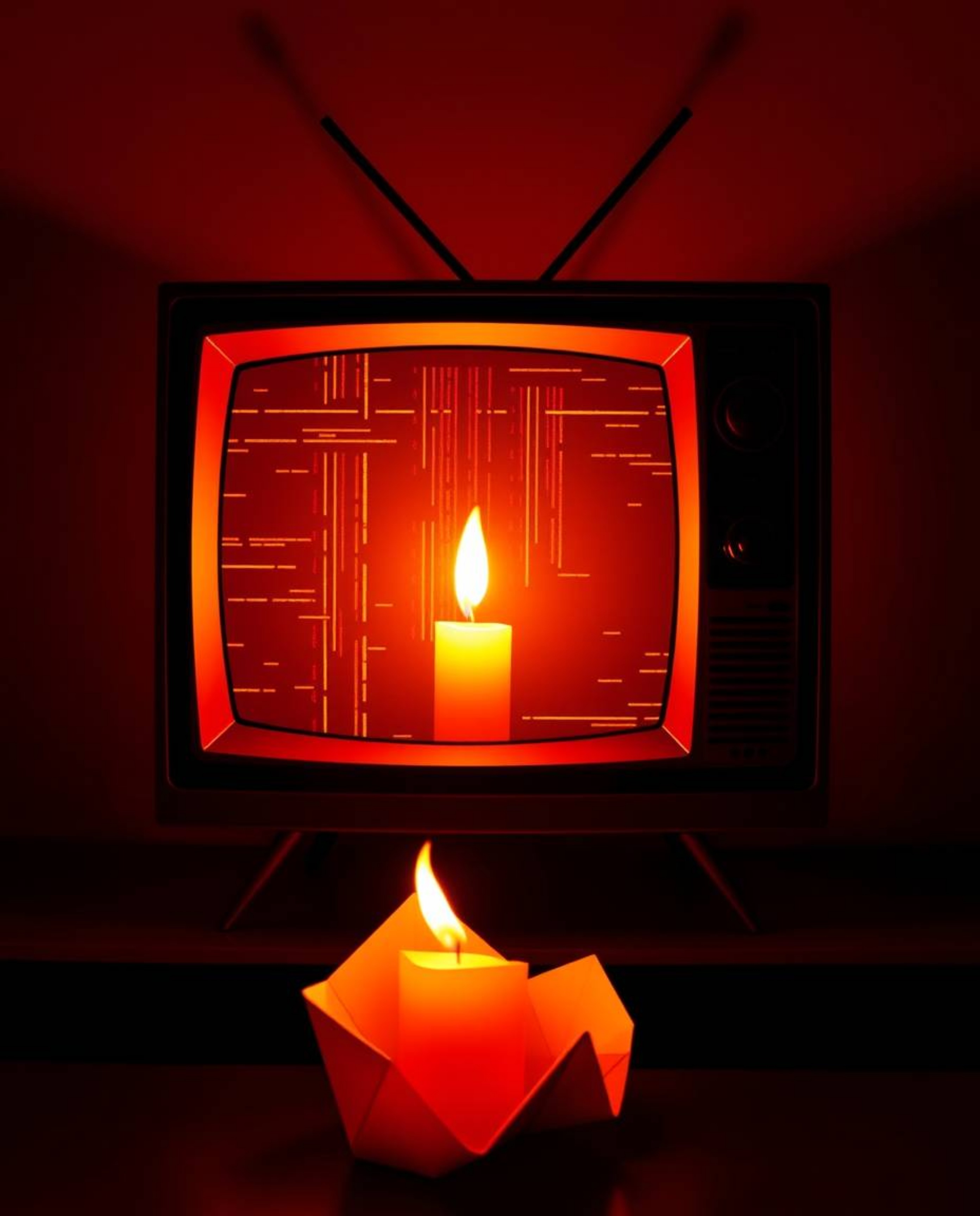 Intricate origami artwork showcasing a TV screen displaying glitch static, illuminated by warm candlelight.  The image featur