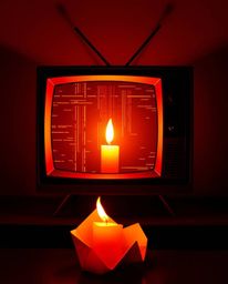 Intricate origami artwork showcasing a TV screen displaying glitch static, illuminated by warm candlelight.  The image featur