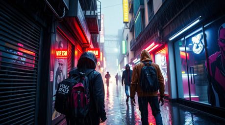 Immerse yourself in an epic, wet, and rainy scene set within a modern, futuristic, and grungy alley. Witness rebellious teens