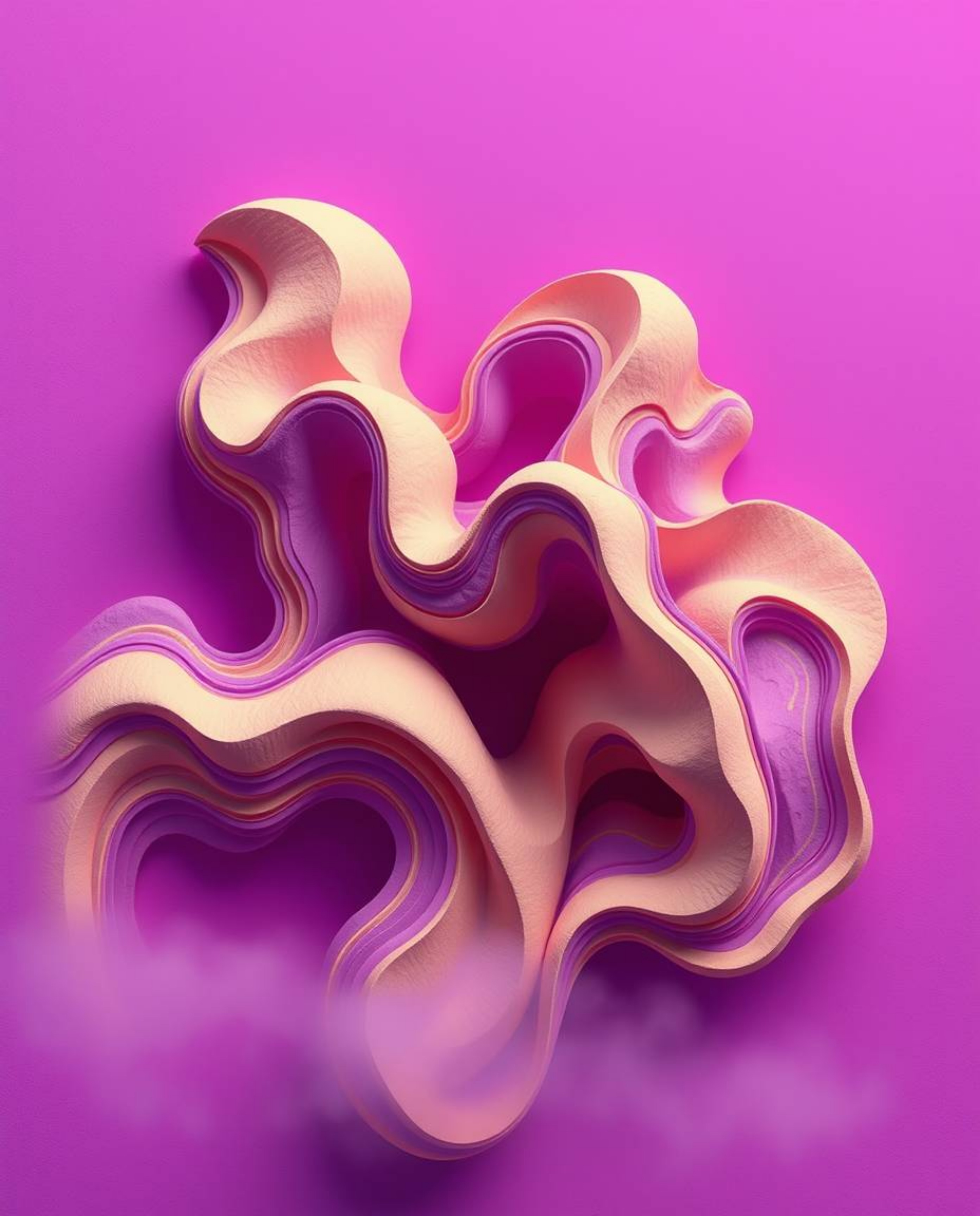 A mesmerizing 3D illustration showcasing fluid shapes continuously morphing, meticulously crafted from layered papier-mâché. 