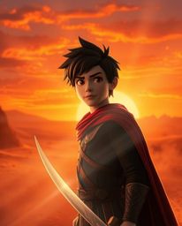 A brave Disney-esque hero embarks on a thrilling desert adventure.  Volumetric lighting bathes the warm landscape in vibrant 