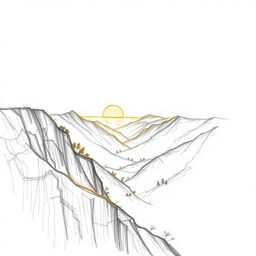 A stunning hand-drawn pencil sketch captures a high-angle view of a serene sunset over a tranquil mountain valley. The artwor