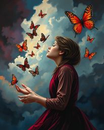 This painting captures a powerful scene of a girl releasing butterflies against a dramatic, stormy sky. The rich burgundy and