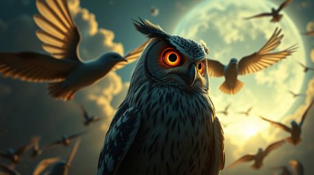 Experience a dreamlike world of surreal imagery and intense dramatic lighting featuring a blind owl in Pixar style. This fant