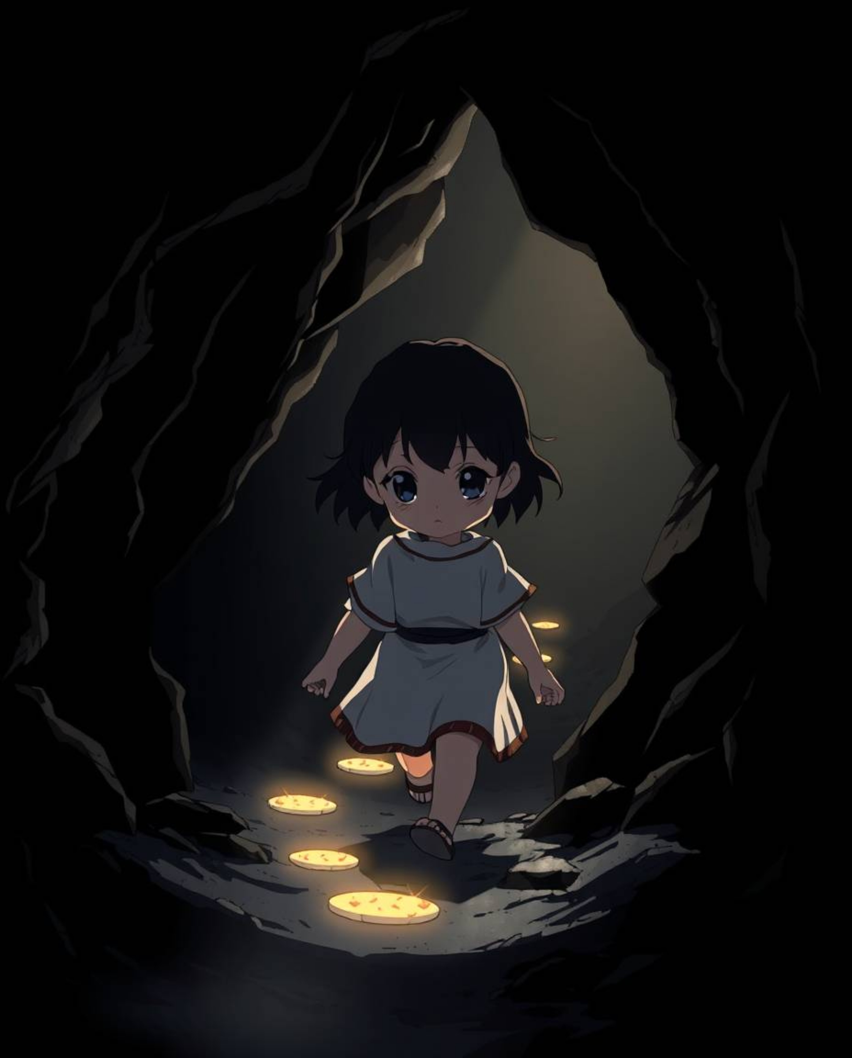 Experience a dramatic isekai scene with high-contrast, low-key lighting. A child with refined features gracefully follows glo