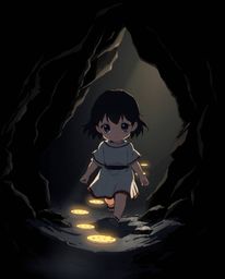 Experience a dramatic isekai scene with high-contrast, low-key lighting. A child with refined features gracefully follows glo