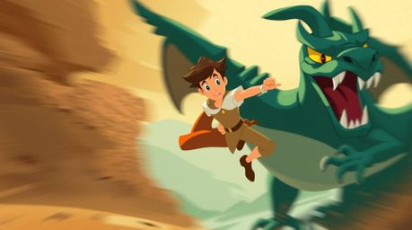 A charming prince, dynamically animated in a vibrant 1950s style, bravely battles a fearsome dragon. The artwork features a