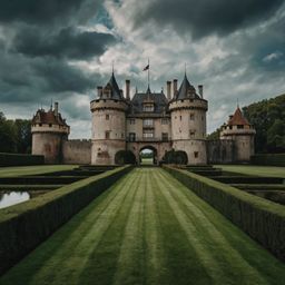 This majestic old European castle stands proudly against a backdrop of a cloudy sky. Its sprawling green lawns offer a tranq