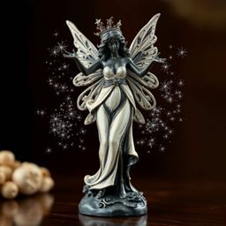 A timeless and elegant antique cast bronze sculpture depicting a fairy godmother emerging from a swirl of sparkles. Finished