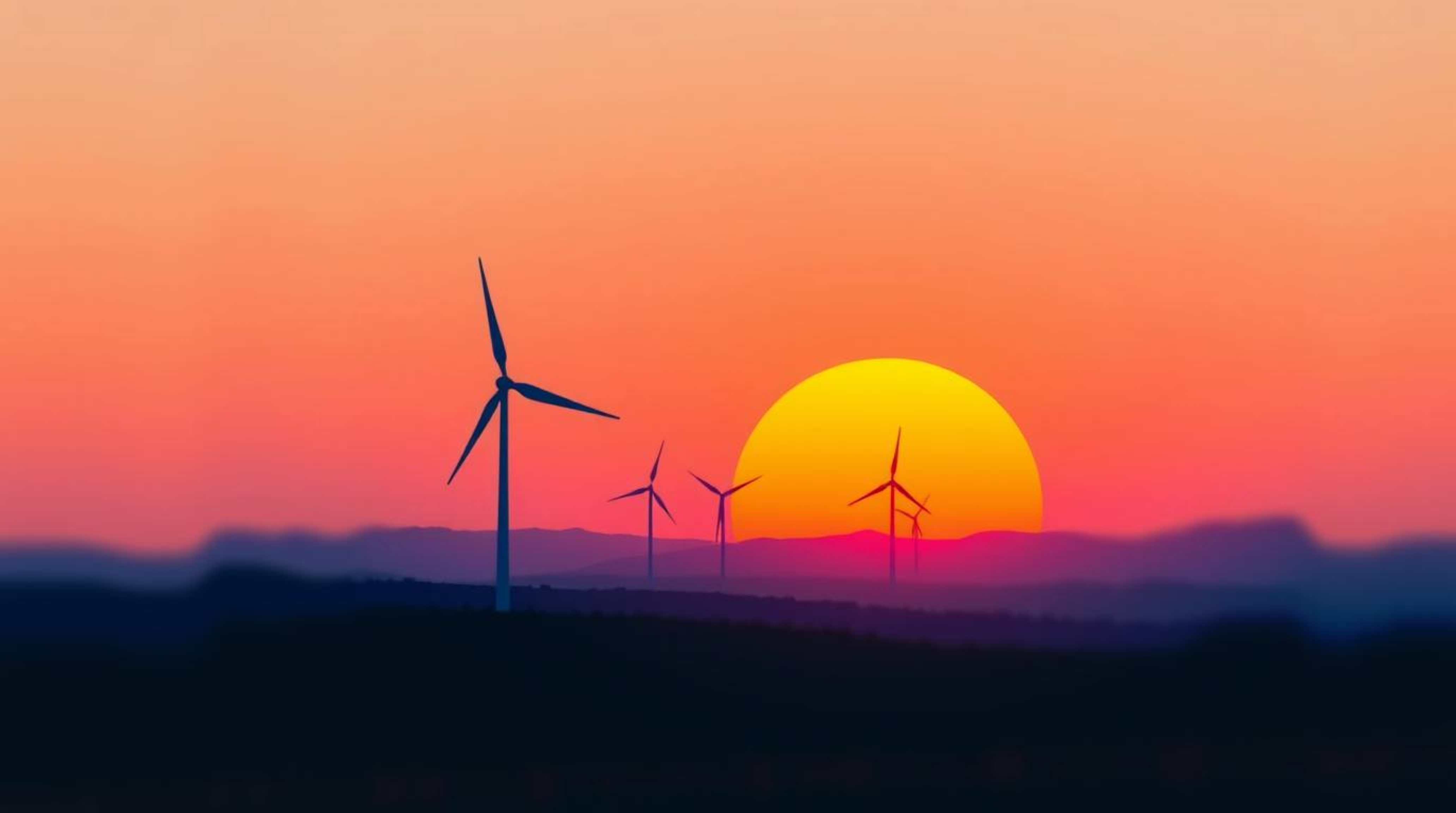 Experience the beauty of modern flat design with this stunning image of a sunset behind wind turbines on a hill. The electric