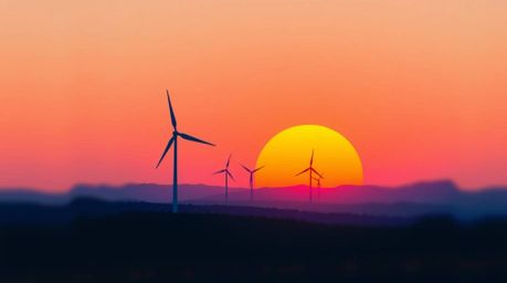 Experience the beauty of modern flat design with this stunning image of a sunset behind wind turbines on a hill. The electric