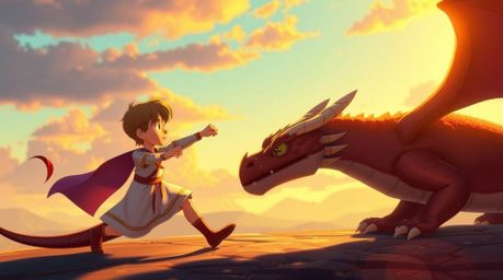 A charming prince battling a fearsome dragon in a captivating 1950s animation style, bathed in the warm, ethereal glow of gol