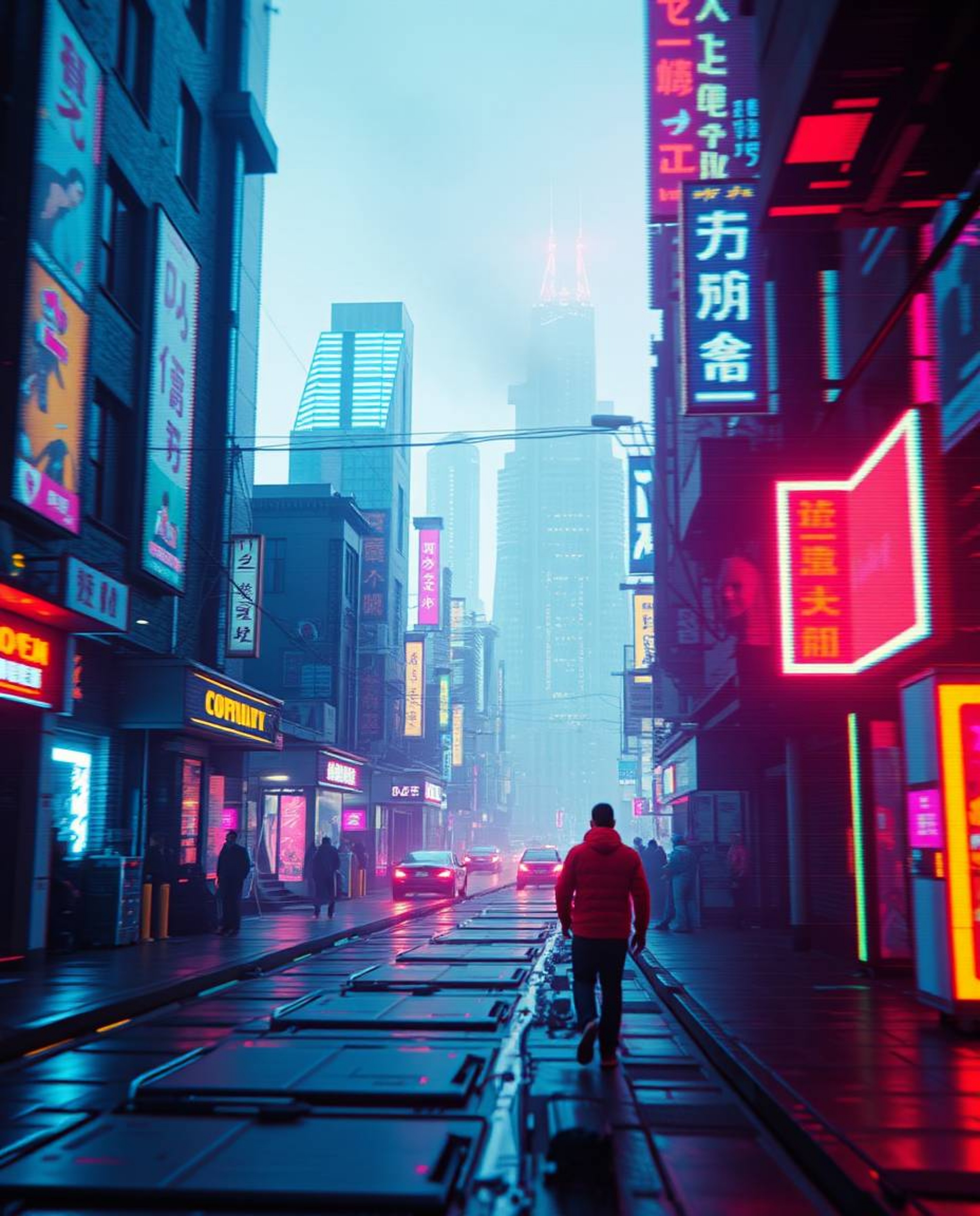 A captivating close-up showcases a pixelated glitch image of a cyberpunk street bathed in neon haze.  This futuristic sci-fi 