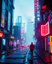 A captivating close-up showcases a pixelated glitch image of a cyberpunk street bathed in neon haze.  This futuristic sci-fi 