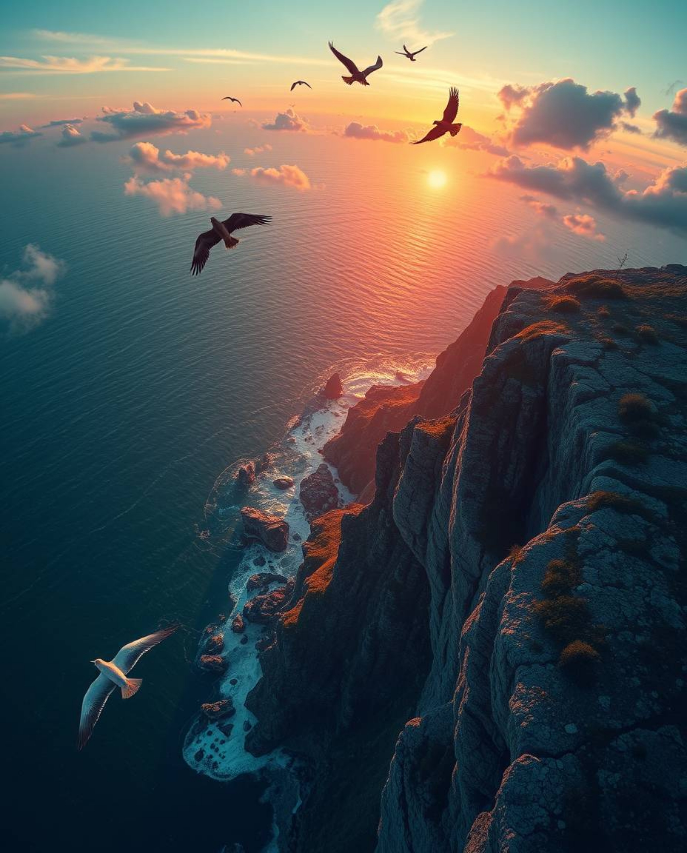 Experience a dreamlike, surreal overhead view of a coastal cliff at sunset, complete with soaring birds. This top-down perspe