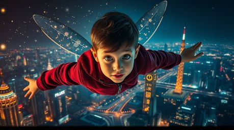 A young boy with determined features soars above a futuristic London, propelled by glowing pixie dust.  The scene is rendered