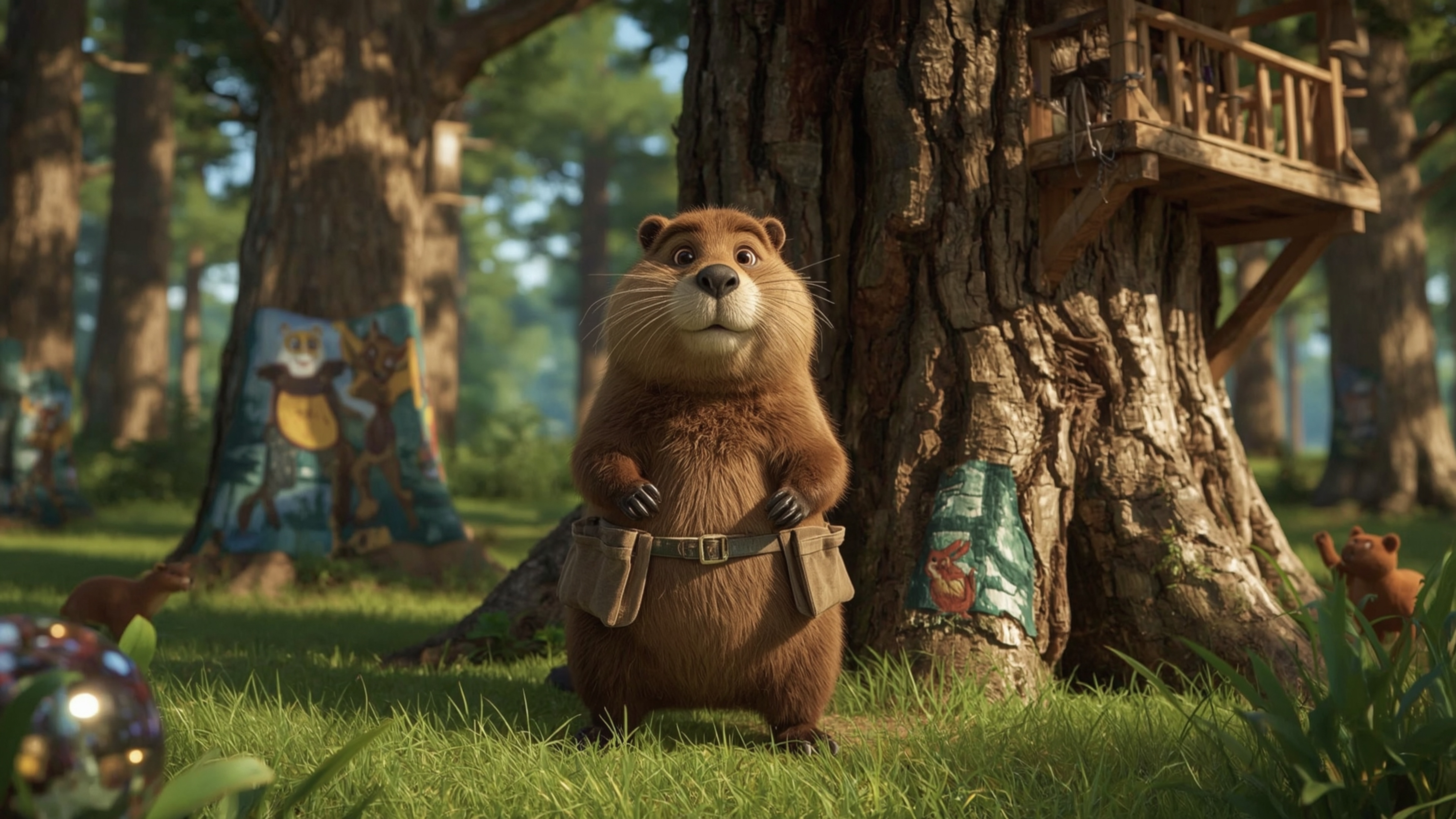An intricately detailed, high-resolution stock photo captures a busy beaver with warm brown fur and kind eyes, wearing a carp