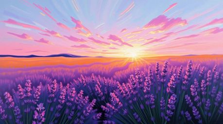 Explore a classic oil painting depicting dynamic lavender fields bathed in the glow of a dreamy pink sky. This artwork featur