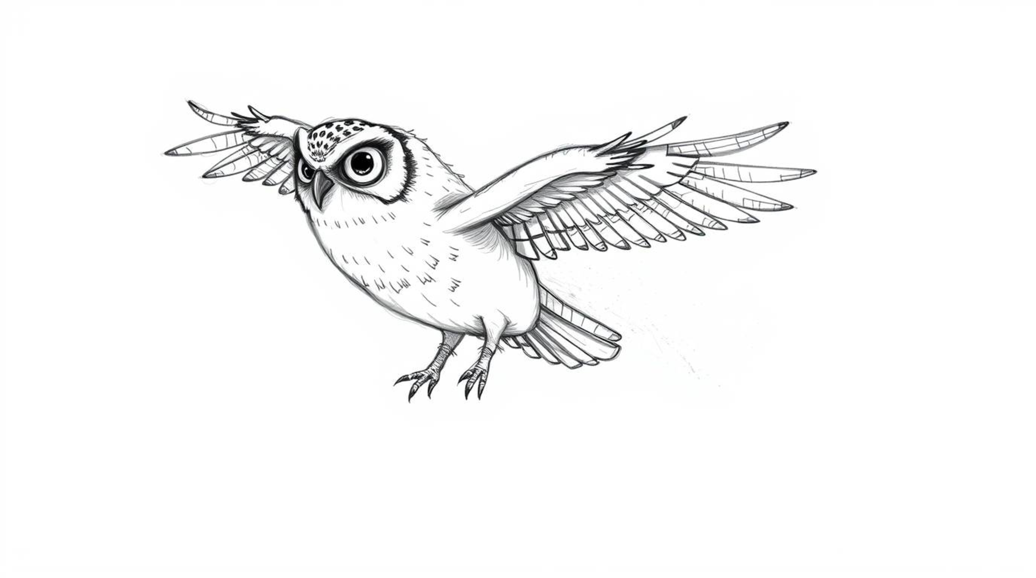 A captivating hand-drawn sketch in the whimsical style of Pixar, portraying a sightless owl gracefully soaring mid-flight, im