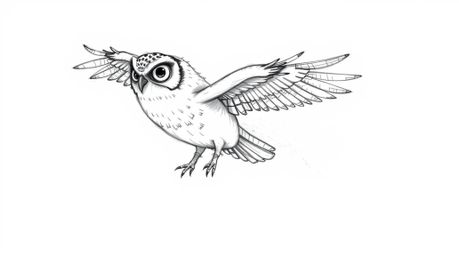 A captivating hand-drawn sketch in the whimsical style of Pixar, portraying a sightless owl gracefully soaring mid-flight, im