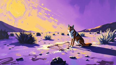 This artwork portrays a coyote in a bold acrylic painting, humorously setting up a ridiculous trap within a harsh desert land