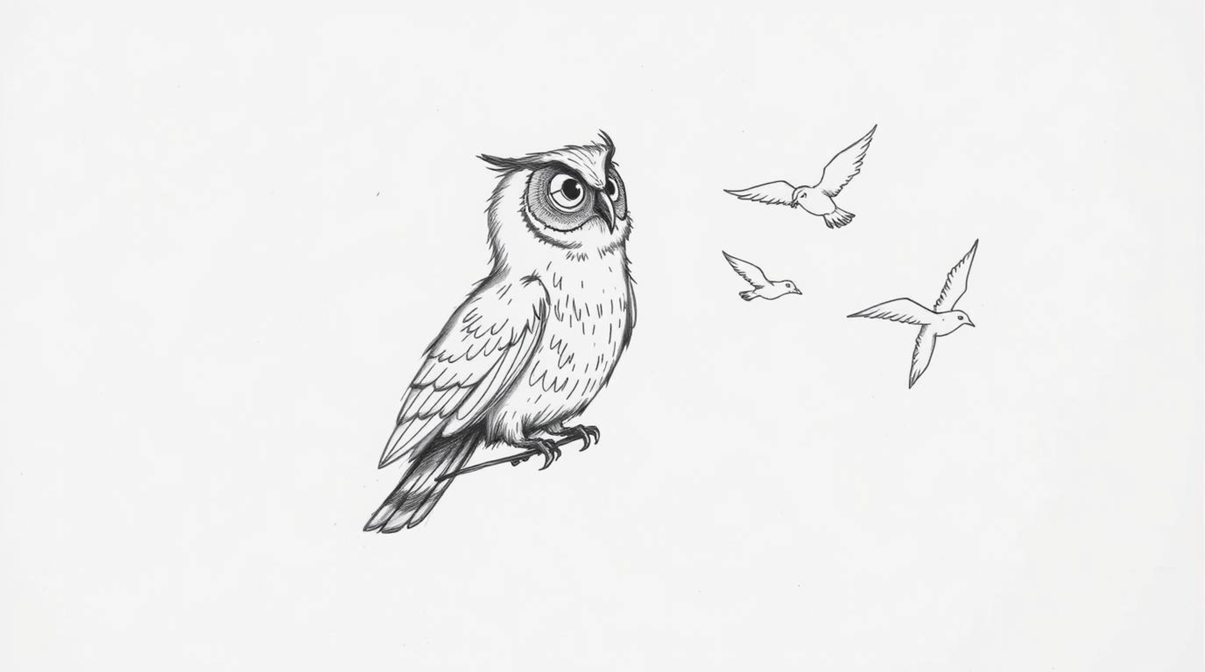 A heartwarming hand-drawn sketch depicts a blind owl, in the style of Pixar, teaching birds to fly.  The image emphasizes tex