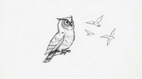 A heartwarming hand-drawn sketch depicts a blind owl, in the style of Pixar, teaching birds to fly.  The image emphasizes tex