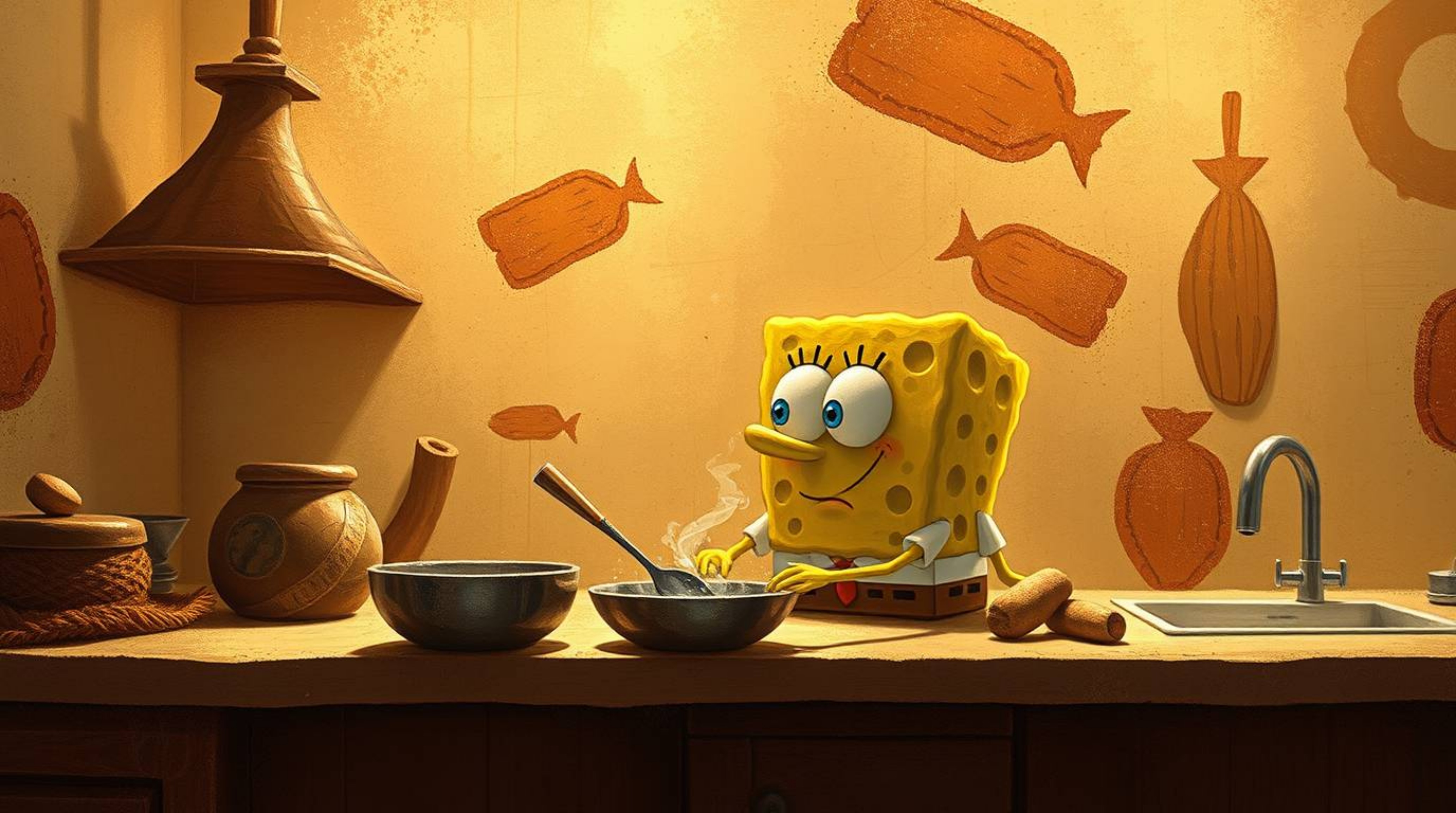 This creative light art piece depicts a sponge character diligently cooking in an enchanting underwater kitchen. The artwork 