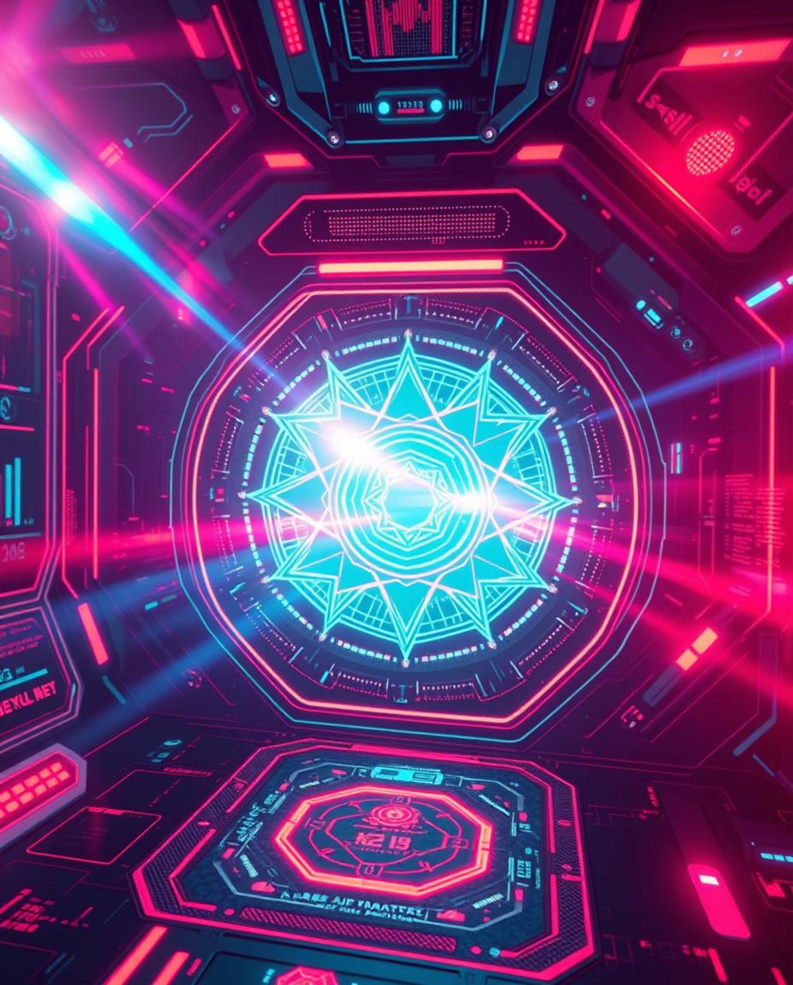 This captivating digital art presents a futuristic digital interface brought to life with geometric patterns and holographic 