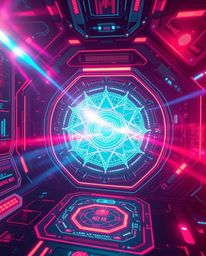 This captivating digital art presents a futuristic digital interface brought to life with geometric patterns and holographic 