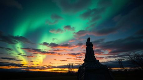 A captivating cast bronze sculpture depicting the dramatic emergence of the Northern Lights over a vibrant sunset sky.  Rende