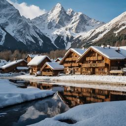 Escape to a picturesque snow-covered Alpine village, where charming wooden chalets dot the landscape.  A pristine frozen lake