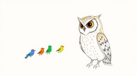 A heartwarming hand-drawn sketch in the style of Pixar depicts a gentle, blind owl with soft feathers teaching a classroom of